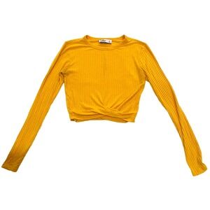 Y2K Hollister California Women's Yellow Ribbed Twist Front Long Sleeve Top